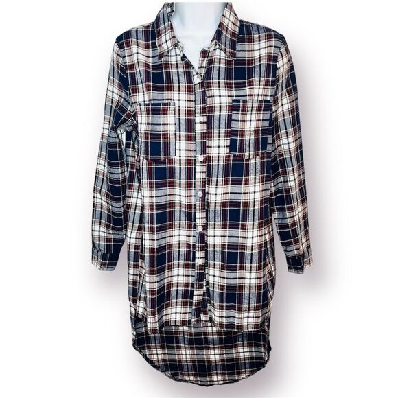 Say What? High Low Cotton Plaid Flannel Shirt Button Down Tunic Blue Red MJ NWT - Picture 1 of 11